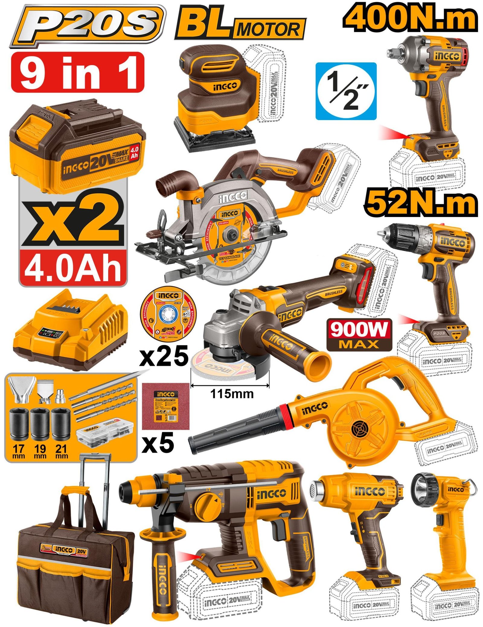 Ensemble d'outils industriels sans fil 20V 9 pièces INGCO